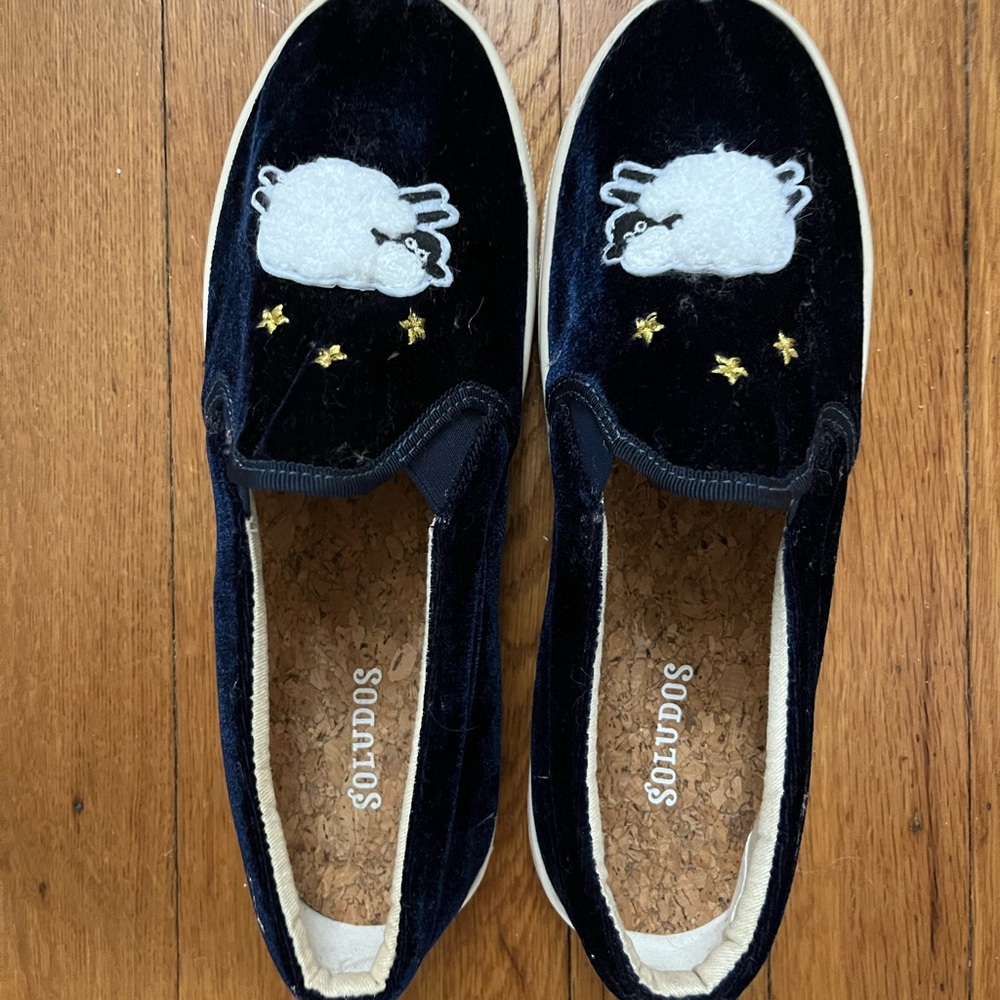 Soludos Navy Velvet Slip-On Shoes with Sheep Design